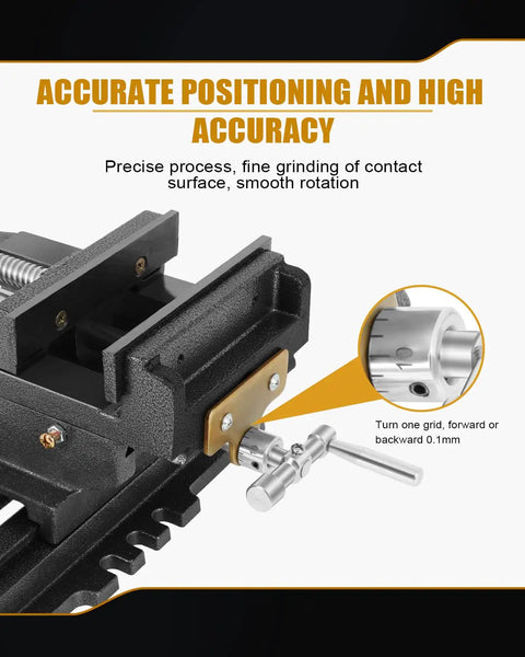 Close-up of 6 Inch Cross Slide Vise For Drill Press And Milling Portable Bench Clamp showcasing precise positioning dial and guide rail.