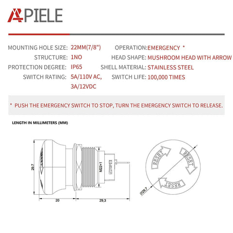 22mm Metal Emergency Stop Push Button Switch Latching 12V 250V Rated 5A Stainless Steel With Seven Eighth Inch Mounting Hole One Pack for Industrial Equipment technical drawing and dimensions