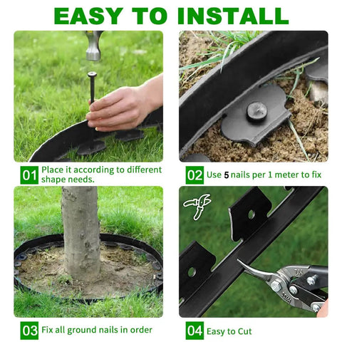 Instruction steps for installing the Extra Tall 4 Inch Lawn Edging Kit, 33 Ft Flexible Garden Border with 50 Stakes.