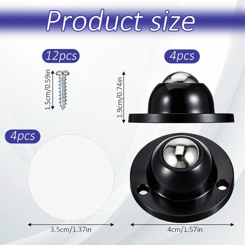Product size image showing Premium Self Adhesive Caster Wheels For Furniture Legs with dimensions and screws for easy installation.