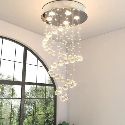 Spiral Crystal Raindrop Chandelier With Five Lights, Modern Flush Mount Round Pendant Lighting, K9 Clear Ball Ceiling Fixture
