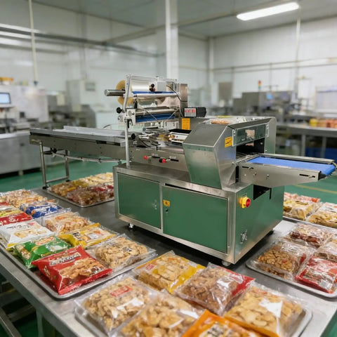 Smooth Operator Compact Horizontal Flow Pack Machine Small Shrink Wrapper Rock Solid Performance 50 To 80 Wraps Per Minute in a busy food packaging environment.