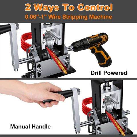 Manual Wire Stripping Machine For Scrap Copper Recycling 0.06 To 1 Inch Wires With Drill Powered Hand Crank Replacement Blades Adjustable Blade Settings Fast Clean Stripping DIY Electrician And Pro Tool showing dual operation modes: drill and manual crank