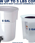 5 gallon and 3 gallon commercial brewing buckets for cold brew coffee systems, compatible with 50 Pack Extra Large 20x20 Inch Commercial Cold Brew Coffee Filters For 5 Gallon Systems Seamless Tear Resistant High GSM Pro Grade Filters.