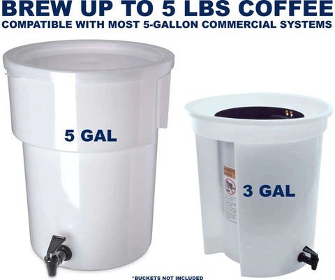 5 gallon and 3 gallon commercial brewing buckets for cold brew coffee systems, compatible with 50 Pack Extra Large 20x20 Inch Commercial Cold Brew Coffee Filters For 5 Gallon Systems Seamless Tear Resistant High GSM Pro Grade Filters.