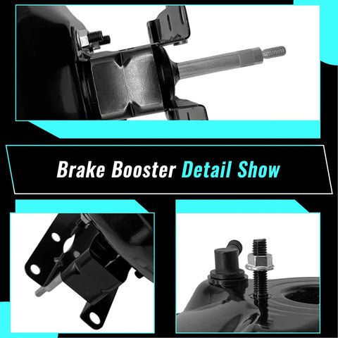 Close-up view of Heavy Duty Vacuum Power Brake Booster for Chevrolet C10 C20 K10 K20 with black steel and fittings.