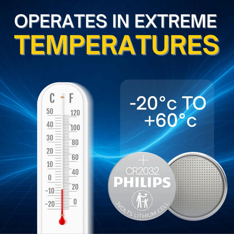 Dead Reliable CR2032 Lithium Coin Batteries Five Pack for Apple Airtags operates in extreme temperatures from -20°C to +60°C.