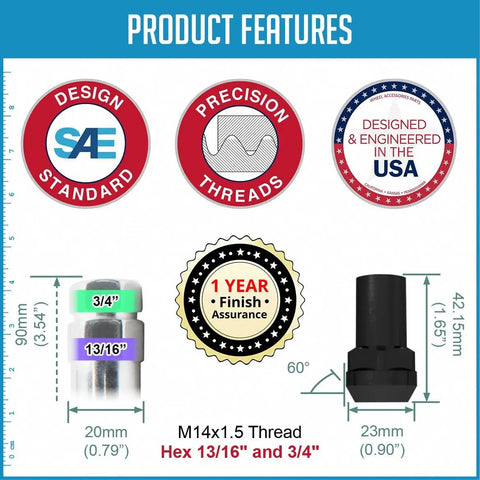 Product features of Wheel Lock Set With Four Locks And Key M14x1.5 14x1.5 Thread Closed End Bulge 1.65 Inch Long Black Lug Nut Locks