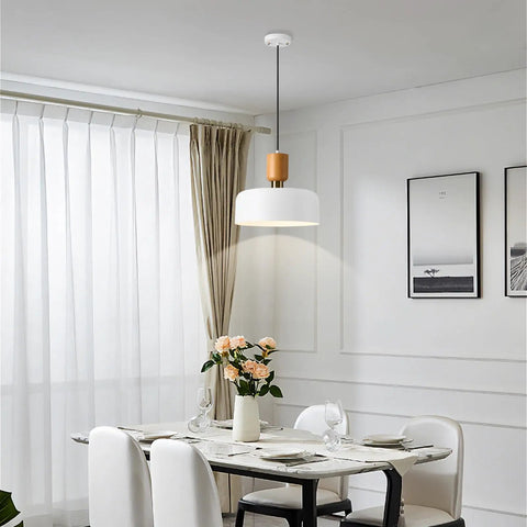 Modern Pendant Light With Natural Wood And Brass Accent, 12-Inch White Matte Shade, Adjustable Cord for Kitchen Island