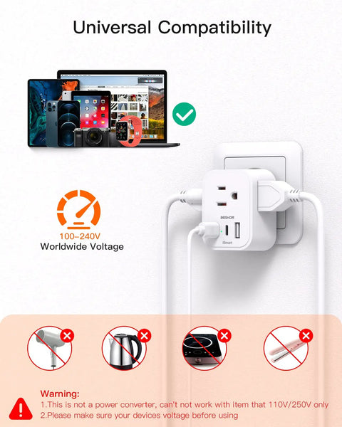 2 Pack European Travel Plug Adapter with 3 outlets and 3 USB ports in use, showing universal compatibility and worldwide voltage.