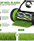 12 Inch Manual Reel Lawn Mower With 5 Blade Cutting System And Grass Catcher Bag, No Gas Or Electricity Needed, shown with reel blades and before-after cut grass
