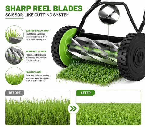 12 Inch Manual Reel Lawn Mower With 5 Blade Cutting System And Grass Catcher Bag, No Gas Or Electricity Needed, shown with reel blades and before-after cut grass
