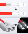 Beefed-Up Battery Quick Connect Disconnect Kit 175 Amp 600V 1/0 AWG Battery Cable Connector Wire Harness For Car Winch And Recovery 2 Pack Durable Plug Housing With Terminals showing red wire connection.