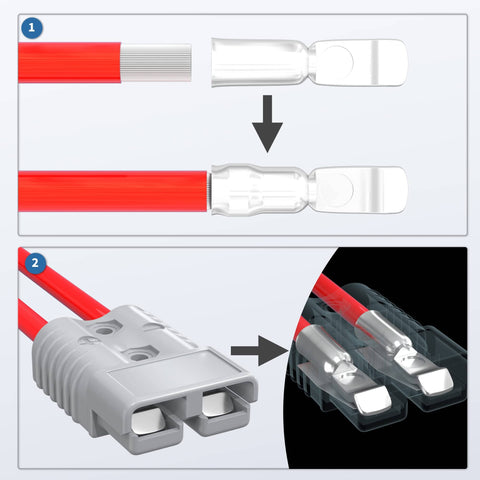 Beefed-Up Battery Quick Connect Disconnect Kit 175 Amp 600V 1/0 AWG Battery Cable Connector Wire Harness For Car Winch And Recovery 2 Pack Durable Plug Housing With Terminals showing red wire connection.