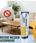Drywall Patch Repair Kit With Scraper And Nozzle Extender, 5.3oz Paste Filler for wall and mildew repair in living room setting.