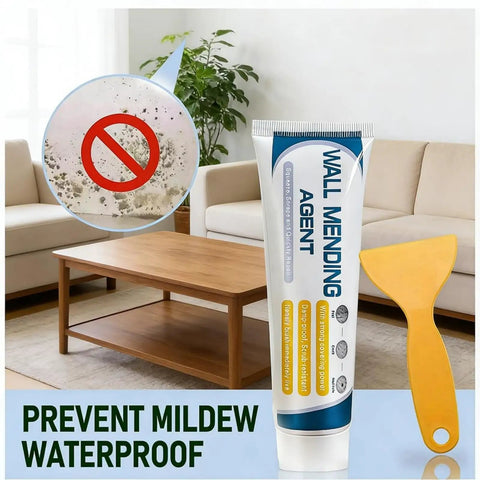 Drywall Patch Repair Kit With Scraper And Nozzle Extender, 5.3oz Paste Filler for wall and mildew repair in living room setting.