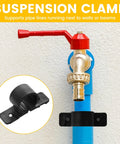 Suspension clamp securing blue pipe near faucet, 50 Pack One Half Inch Pipe Clamps Pex Clamp Set Heavy Duty Bulk Pipe Supports Suspension Clips For Pex Copper CPVC Plumbing Projects One Half Inch Size Durable Plastic Construction For Easy Installation And Pex Copper CPVC Support