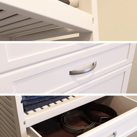 Built Tough Wood Closet Organizer Rack Featuring Four Smooth Glide Drawers Adjustable Hanging Rods And Deep Storage Shelves Wall Mounted Reach In Wardrobe White Finish