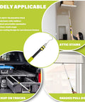 Extendable Attic Pull Down System Kit With 40 Inch Telescoping Rod Heavy Duty Stainless Steel Pull Ring And Storage Hook shown in use for attic, truck, shades.