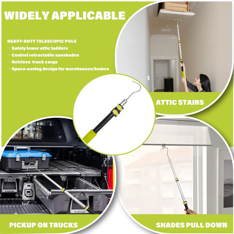 Extendable Attic Pull Down System Kit With 40 Inch Telescoping Rod Heavy Duty Stainless Steel Pull Ring And Storage Hook shown in use for attic, truck, shades.