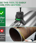 Anblak pipe center finder, black 2.75-inch Y-shaped tool with magnetic centering head for 1.5–6 in pipes, after/before comparison image
