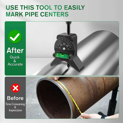Anblak pipe center finder, black 2.75-inch Y-shaped tool with magnetic centering head for 1.5–6 in pipes, after/before comparison image