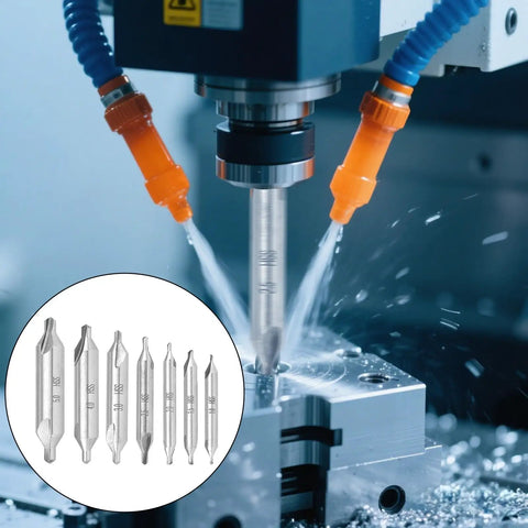 Pro Grade 7 Piece Center Drill Bit Set M2 HSS with 60 Degree Countersink for lathe, metalworking, sizes 1.0-5.0 mm, close-up
