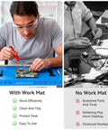 Comparison of soldering with Monster Sized Extra Large Soldering Mat For Electronics Repair and without, highlighting workspace differences.