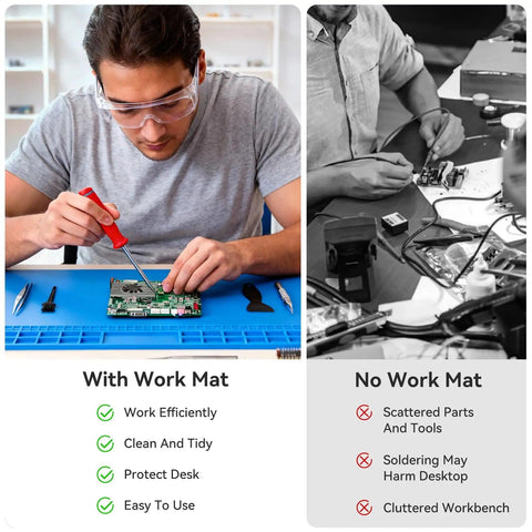 Comparison of soldering with Monster Sized Extra Large Soldering Mat For Electronics Repair and without, highlighting workspace differences.