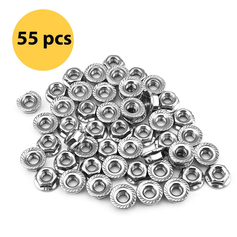 Image shows 55 Pack M6 Serrated Flange Hex Nuts M6 1 Mm Hexagon Flange Nuts 304 Stainless Steel Metric Fasteners in a pile.