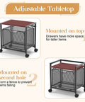 Under Desk Storage Organizer With Drawer Rolling File Cabinet Adjustable Tabletop shown in two positions, black frame on wheels
