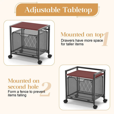 Under Desk Storage Organizer With Drawer Rolling File Cabinet Adjustable Tabletop shown in two positions, black frame on wheels