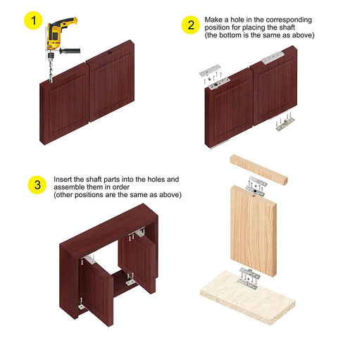Installation steps for Two Pack 360 Degree Concealed Door Hinge Set In Black Stainless Steel for in-wall TV swivel and camper doors.