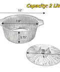 Disposable Aluminum Pots With Lids 10 Pack 2 Liter Round Foil Pan Food Containers for Camping Picnics Travel, dimension view.