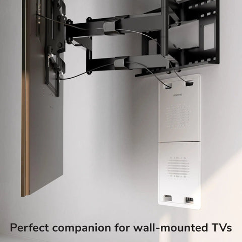 In Wall Recessed TV Box For Home Theater Components And Network Gear With Heavy Duty Ventilation Panels mounted behind a TV.