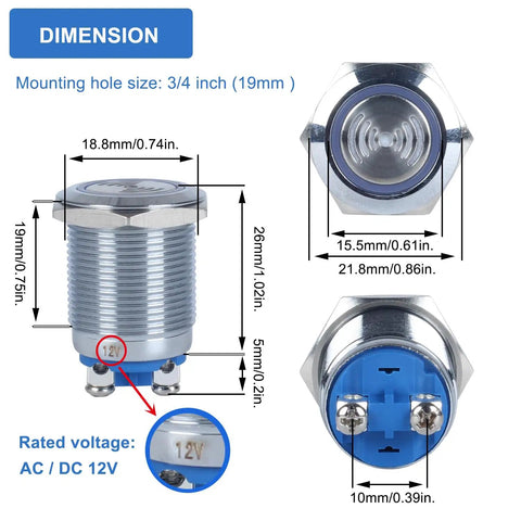 Waterproof Red LED Flash Alarm Buzzer 12V DC With Metal Enclosure 60dB Loud Intermittent Beep For Electrical Control Panels And DIY Projects 19mm Mount Hole 2 Pack, dimension view