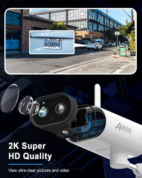 Wireless Outdoor Security Camera With Solar Panel, 2K image detail, showing lens and video example of car license plate detection.