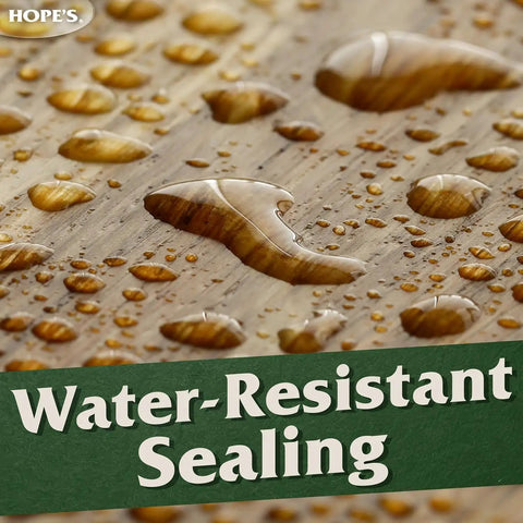 Close-up of water beads on wood surface treated with Pro Grade 100 Percent Pure Tung Oil Wood Finish That Penetrates Deep, Food Safe And Waterproof Sealer For Indoor And Outdoor Projects, 32 Fl Oz One Pack, Easy Rub On Application For Furniture Cabinets Decks