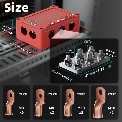 Heavy Duty Copper Bus Bar Power Distribution Block Set With Waterproof Covers For 12V 500A Systems dimensions showing M8 and M10 studs.