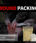 Rhino Rescue sterile compressed gauze, 6-pack with beige pouch and white gauze, front view