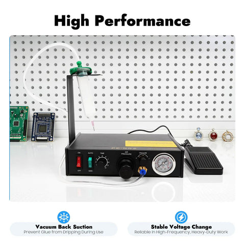 Pro Grade Semi Automatic Glue Dispenser Machine For Electronics With 0.01ml Precision And Vacuum Suck Back Solder Paste Controller Liquid Adhesive Dropper Timer Controlled Bonding Of Tiny Components And PCBs, front view with pedal and gauge