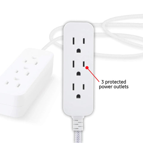 Eight Ft Braided 3 Outlet Power Strip Surge Protector Two Pack With Flat Plug Extension Cords 250 Joules UL Listed White