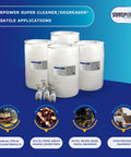 Straight Up Heavy Duty Industrial Degreaser And All Purpose Cleaner, 55 Gallon Bulk Drum With Four Refillable Spray Bottles, killer formula shows in use with four drums and spray bottles.