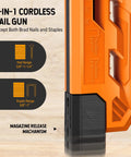 2-in-1 Cordless Nail Gun showing brad nail and staple size details, part of Cordless 18 Gauge Brad Nailer And Staple Gun Kit For Woodworking And DIY Projects, Battery Powered Nail Gun With 1000 Nails And 1000 Staples, Lightweight Lithium Ion Cordless Design, Led Light, Battery And Charger Included