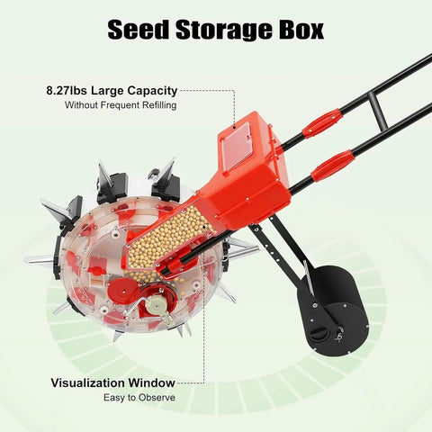 Walk Behind Hand Push Seeder With Ten Equidistant Nozzles shown with seed storage box and visualization window