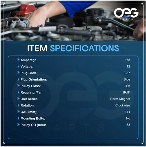 Specification sheet for Premium Plug-And-Play Replacement Alternator For Ford Taurus 3.5L V6 and compatible models 2009-2013.