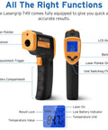 Infrared Temp Gun For Non Contact Temperature Readings With Backlit LCD Display, Laser Pointer, features diagram.