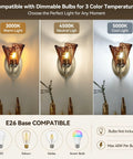 Vintage Glass Wall Sconces Set of 2,Aged Brass Bathroom Vanity Lighting, showcasing 3 light temperatures: warm, neutral, cool.