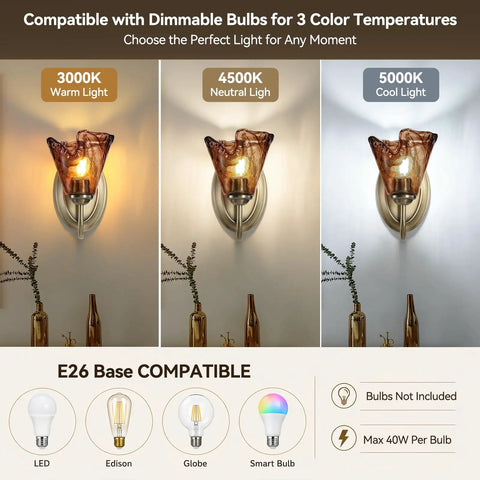 Vintage Glass Wall Sconces Set of 2,Aged Brass Bathroom Vanity Lighting, showcasing 3 light temperatures: warm, neutral, cool.