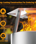 Close-up of Dope 19.5 Inch Heat Deflector For Solo Stove showing stainless steel design with flames and benefits listed
